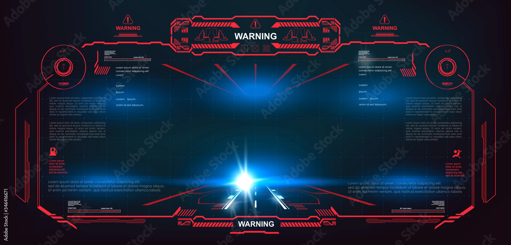 Red interface frame with hazard warning signals. Sci-fi futuristic HUD, GUI, UI dashboard. Display virtual reality technology screen. HUD style interface design - obrazy, fototapety, plakaty 