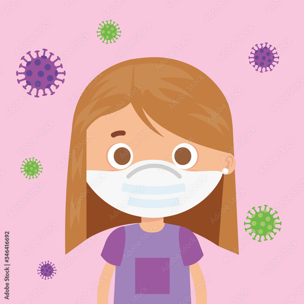 cute girl using face mask with particles covid 19 vector illustration design cute girl using face mask with particles covid 19 vector illustration design