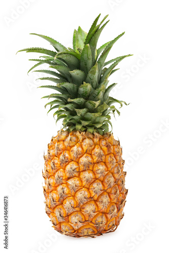 Closeup single whole pineapple fruit isolated at white background.