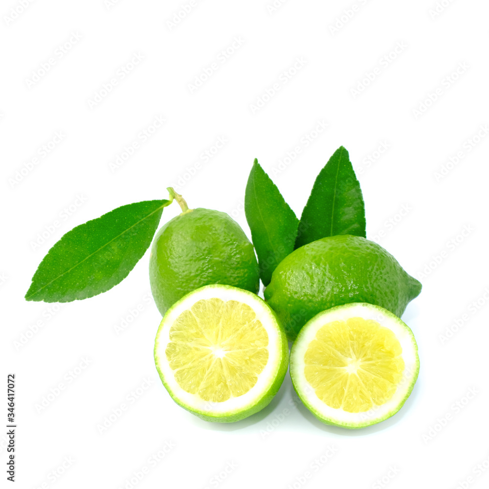 Closeup Fresh lime and citrus-fruit of lime slices with green leaf isolated on white background Closeup Fresh lime and citrus-fruit of lime slices with green leaf isolated on white background
