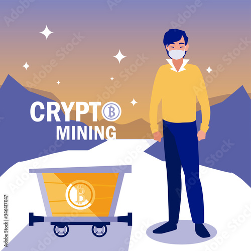 Man with mask and bitcoin cart vector design