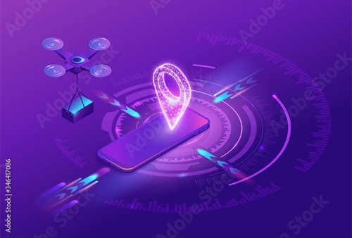 Futuristic concept with drone delivering parcel to smartphone with glowing GPS symbol, smart technology 3d isometric illustration illustration, contactless delivery service of global logistic company