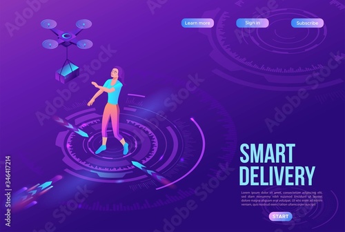 Drone delivering parcel to a girl, quadcopter, concept of delivery, box transportation innovation technolodgy, 3d isometric flat vector illustration, landing page template, ui design