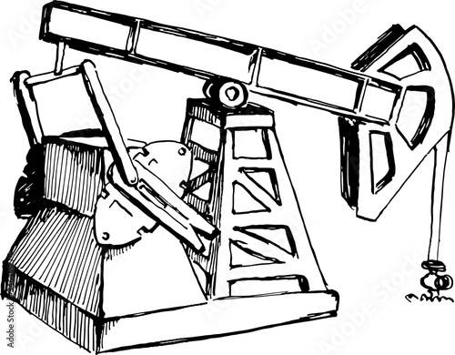 pumpin jack. back right view. oil industry. hand drawn ink sketch.