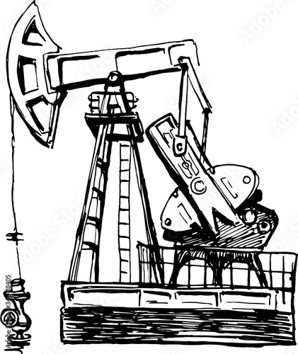 pumpin jack. profile left view. oil industry. hand drawn ink sketch.