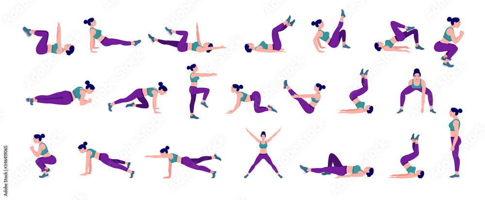 WebWorkout girl set. Woman doing fitness and yoga exercises. Lunges and squats, plank and abc. Full body workout.