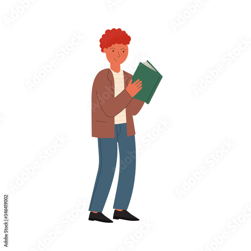 A man reading or student studying and preparing for examination. Modern illustration of book lover, reader, literature fan isolated on white background. Flat vector design