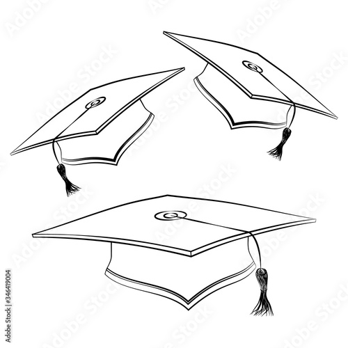 Black line student caps. Sketch of graduation hat. Academic celebration ceremony symbol. Education square uniform. Vector isolated caps in different turns, tilts