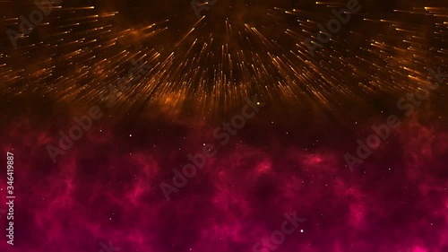 Abstract creative cosmic background. Hyper jump into another galaxy. Speed of light, neon glowing rays in motion. Beautiful fireworks, colorful explosion, big bang. Moving through stars. Seamless loop