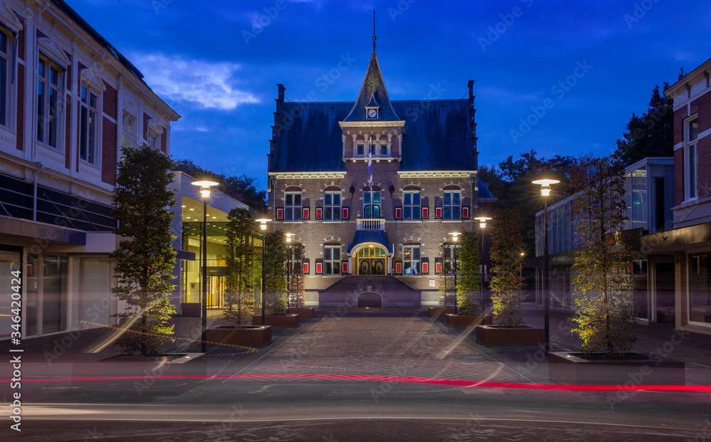 City of Veendam at night. Twilight. City hall.