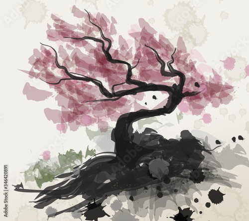 japanese watercolor style sumi e tree