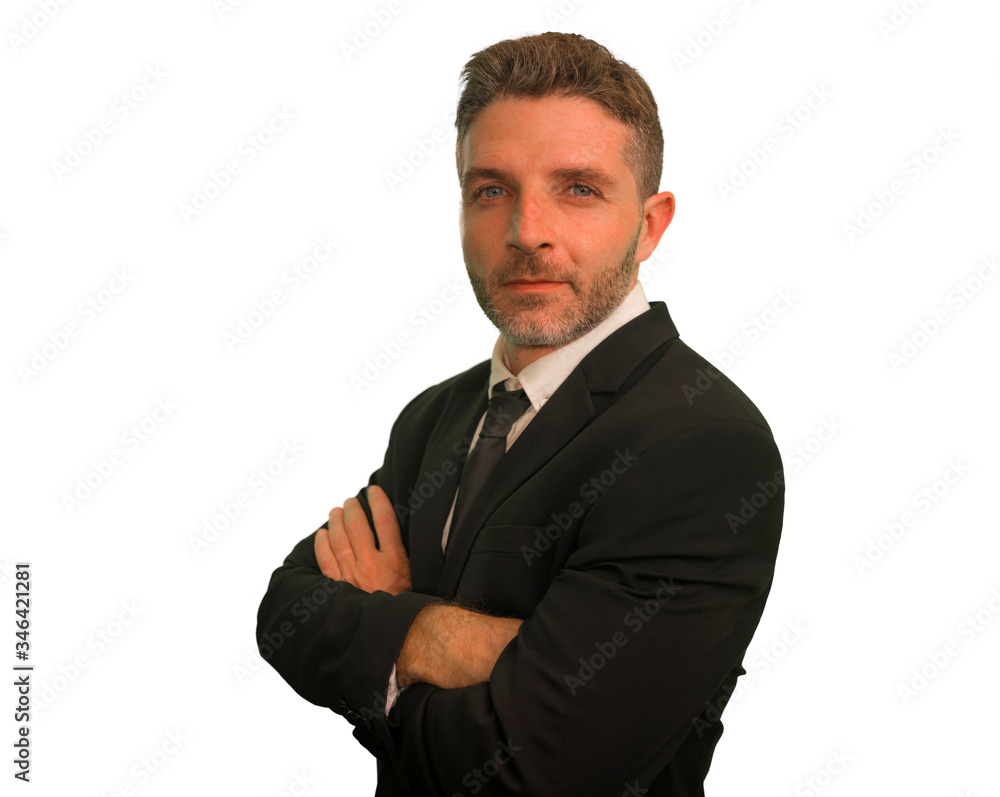 young attractive happy and confident businessman in suit and necktie posing with folded arms for corporate company portrait in business success isolated on white young attractive happy and confident businessman in suit and necktie posing with folded arms for corporate company portrait in business success isolated on white