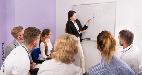 Female teacher lecturing to students at auditorium