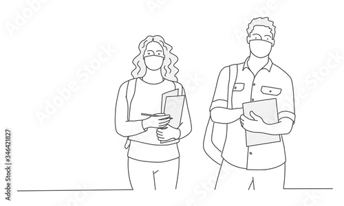 Man and woman with protection mask. Contour drawing vector illustration. Line art. 