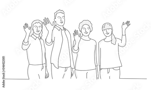People waving hand. Contour drawing vector illustration. Line art. 