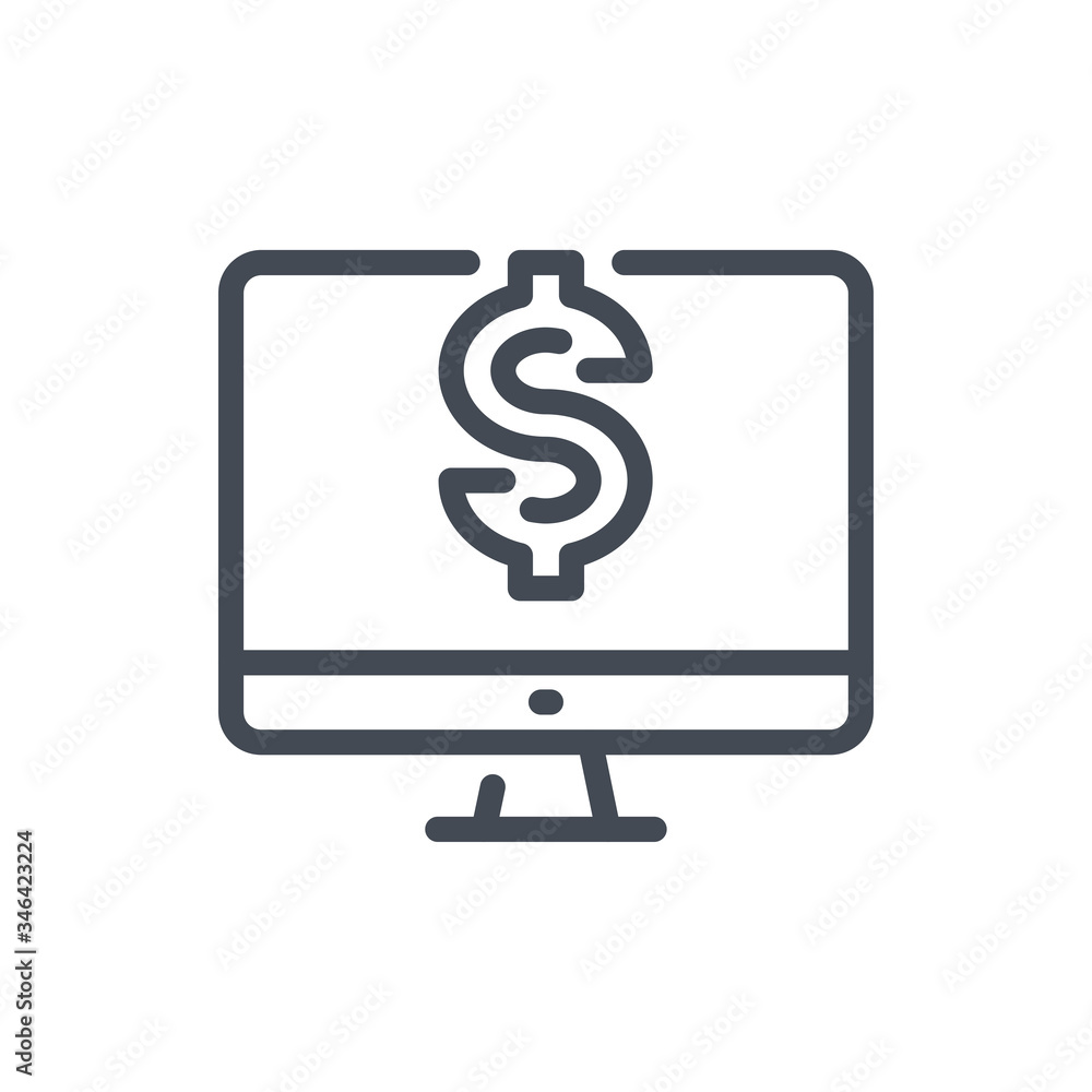 Online payment line icon. Computer with dollar vector outline sign. Online payment line icon. Computer with dollar vector outline sign.