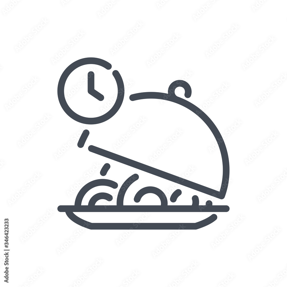 Cooking time line icon. Plate with food and Time vector outline sign. Cooking time line icon. Plate with food and Time vector outline sign.