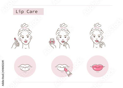 Beauty Girl Take Care of her Lips and Use Lipstick and Lip Balsam against Dry and Cracked Lips. Woman Applying Lip Balm with Fingers. Flat Vector Illustration and Icons set.
