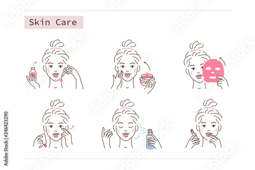 Beauty Girl Take Care of her Face and Use Facial Beauty Products. Woman Making Skincare Procedures. Skin Care Routine, Hygiene and Moisturizing Concept. Flat Vector Illustration and Icons set.
