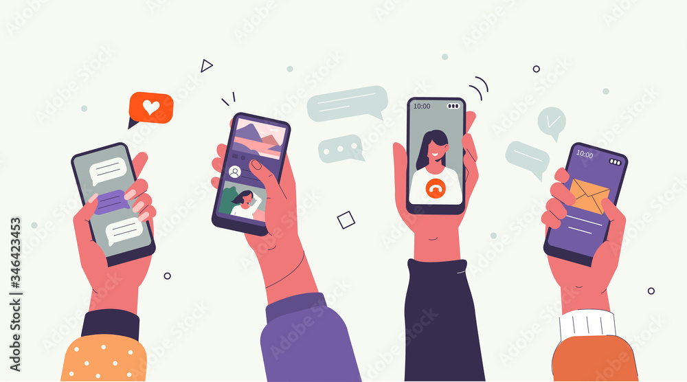 Young People use Smartphones and Surfing in Social Media. Boys and Girls  Chatting, Watching Video, Liking Photos. Female and Male Characters Talking  in Mobile App. Flat Cartoon Vector Illustration. Stock Vector |