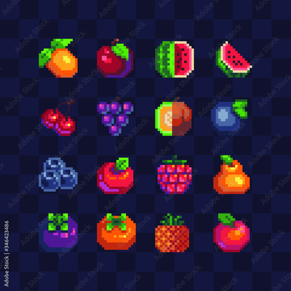 16px top-down fruits icons set, pixel art, peach, watermelon