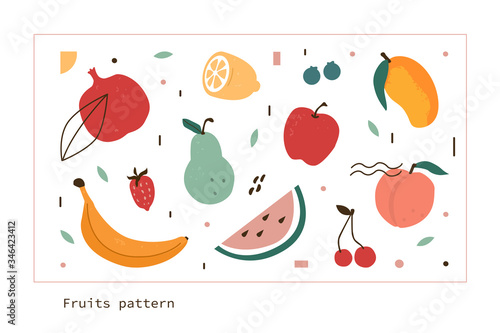 Fruits and Berries Hand Drawn Doodle Collection. Apple, Peach, Mango, Watermelon and other Tropical Fruits. Pattern Design in Scandinavian Minimal Style. Flat Cartoon Vector  Illustration.
