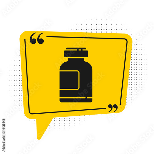 Black Sports nutrition bodybuilding proteine power drink and food icon isolated on white background. Yellow speech bubble symbol. Vector Illustration