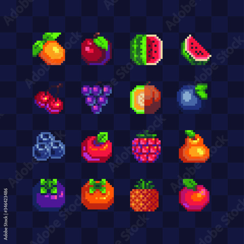 16px top-down fruits icons set, pixel art, peach, watermelon, cherry, grape, melon, plum, pineapple, raspberry and pear. Design for logo, sticker and mobile app. Isolated vector illustration. photo