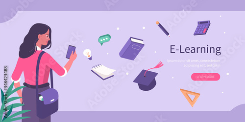 Student Learning Online at Smartphone. Character Looking at Mobile Phone and Studying. Online Education Concept. Flat Isometric Vector  Illustration.
