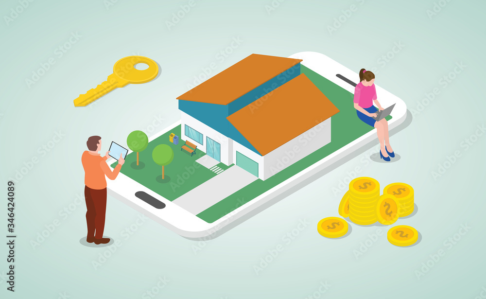 Fototapeta premium mobile online real estate listing to buy and search concept with people and modern isometric style - vector