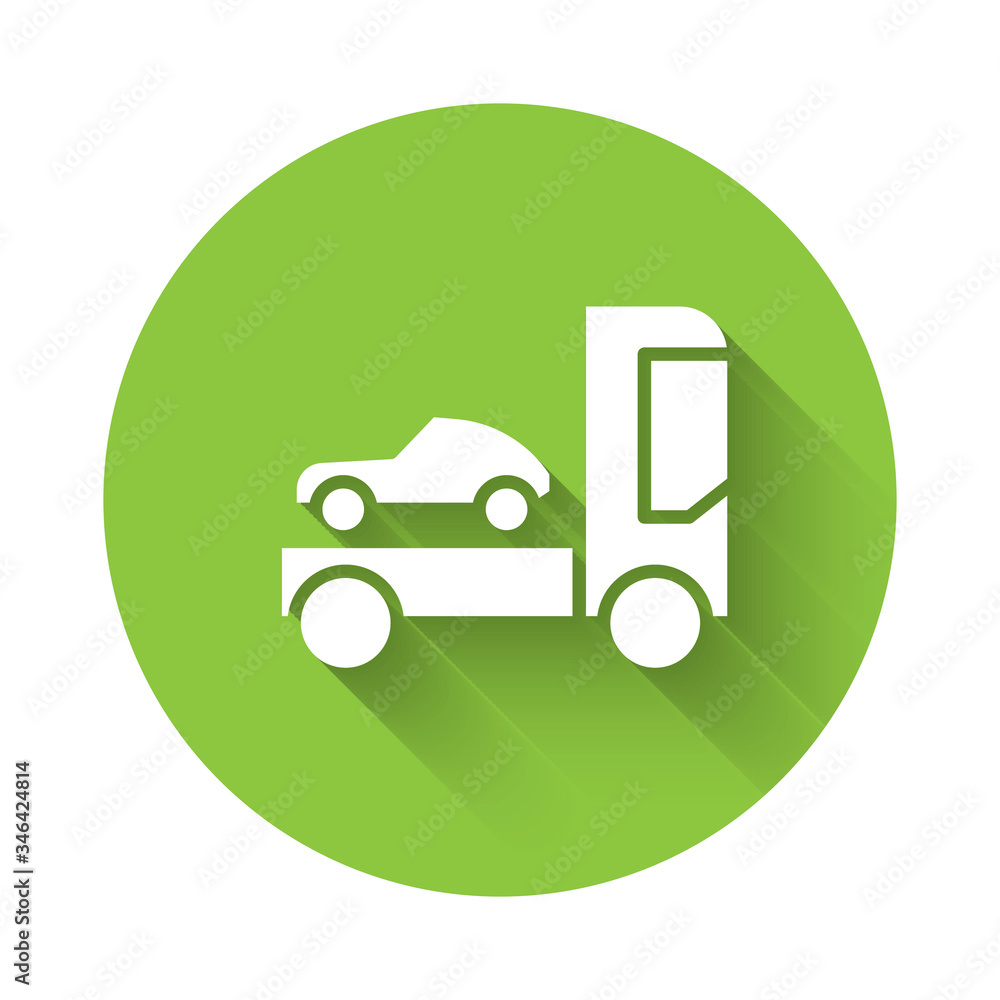 White Car transporter truck for transportation of car icon isolated with long shadow. Green circle button. Vector Illustration White Car transporter truck for transportation of car icon isolated with long shadow. Green circle button. Vector Illustration