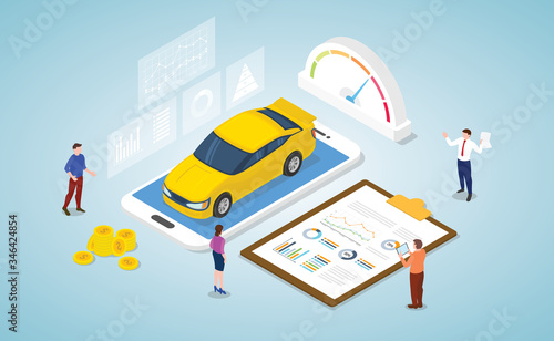 car market analysis concept with some graph and chart data report with modern isometric style