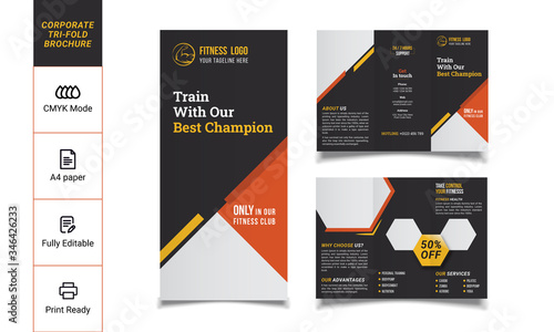 Fitness/gym tri-fold brochure design template, Modern cover brochure flyer design template. Layout with modern photo and abstract background. Creative concept folded flyer or brochure.
