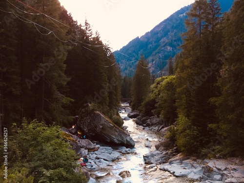 Magicwood highline, bouldering, mountain river, Swiss