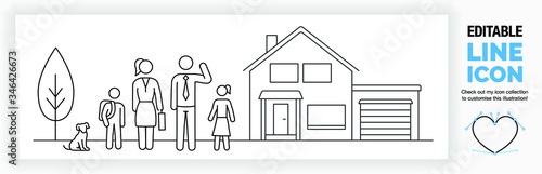 Editable line illustration of a stick figure family in front of their house, part of a huge set of linear icons and stick figures!