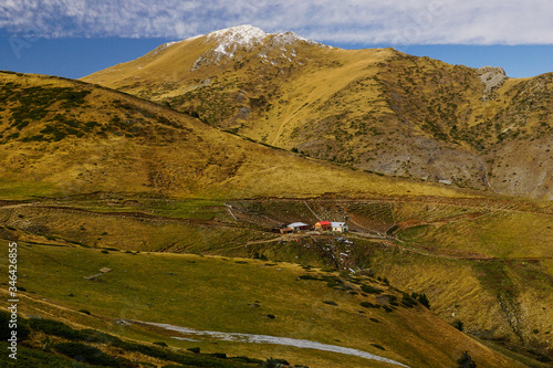 A small shepherd hamlet below the peaks of Sar planina mountain in the autumn in North Macedonia 