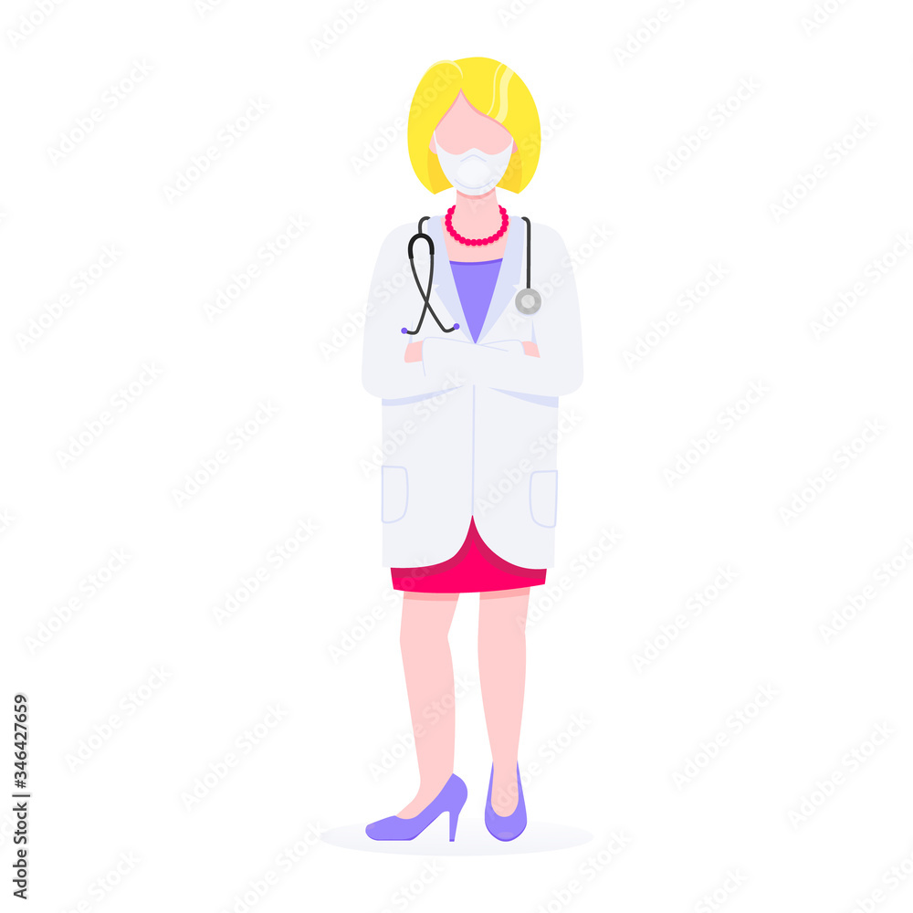 Woman doctor standing with stethoscope with crossing hands flat style design vector illustration isolated on white background. Medical center hospital employee concept. Woman doctor standing with stethoscope with crossing hands flat style design vector illustration isolated on white background. Medical center hospital employee concept.