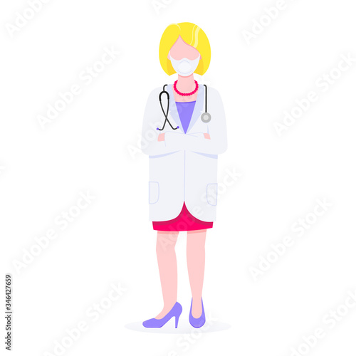Woman doctor standing with stethoscope with crossing hands flat style design vector illustration isolated on white background. Medical center hospital employee concept.