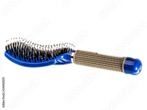 blue hairbrush for hair styling with a hair dryer