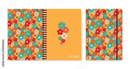 Cover design for notebooks or scrapbooks with vintage floral pattern. Psychedelic or hippie style backgrounds. Abstract flowers and groovy colors
