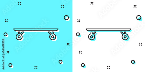 Black line Longboard or skateboard cruiser icon isolated on green and white background. Extreme sport. Sport equipment. Random dynamic shapes. Vector Illustration