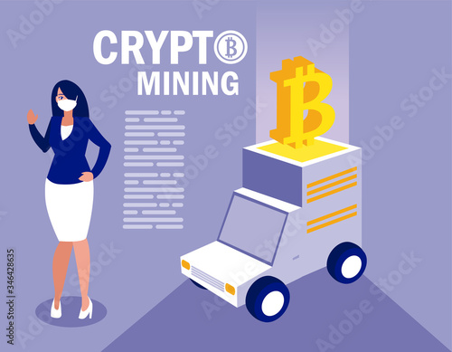 Woman with mask truck and bitcoin vector design