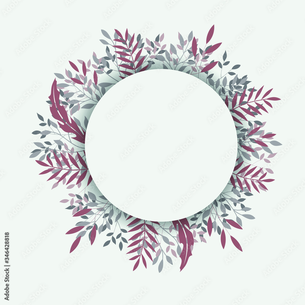 Floral frame. Background. Grey and red leaves. Circle frame. 