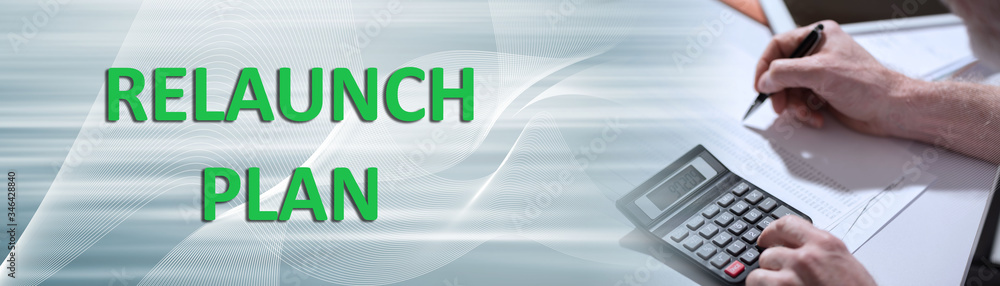 Concept of economy relaunch plan with businessman using calculator Concept of economy relaunch plan with businessman using calculator
