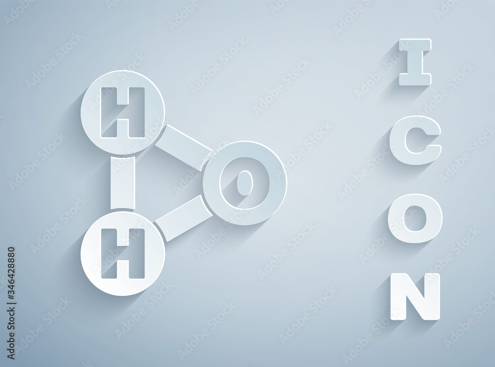 Paper cut Chemical formula for water drops H2O shaped icon isolated on grey background. Paper art style. Vector Illustration Paper cut Chemical formula for water drops H2O shaped icon isolated on grey background. Paper art style. Vector Illustration