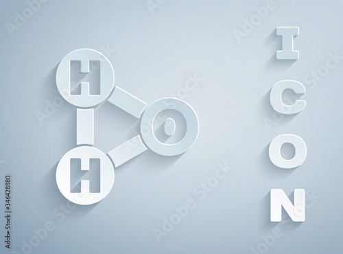 Paper cut Chemical formula for water drops H2O shaped icon isolated on grey background. Paper art style. Vector Illustration