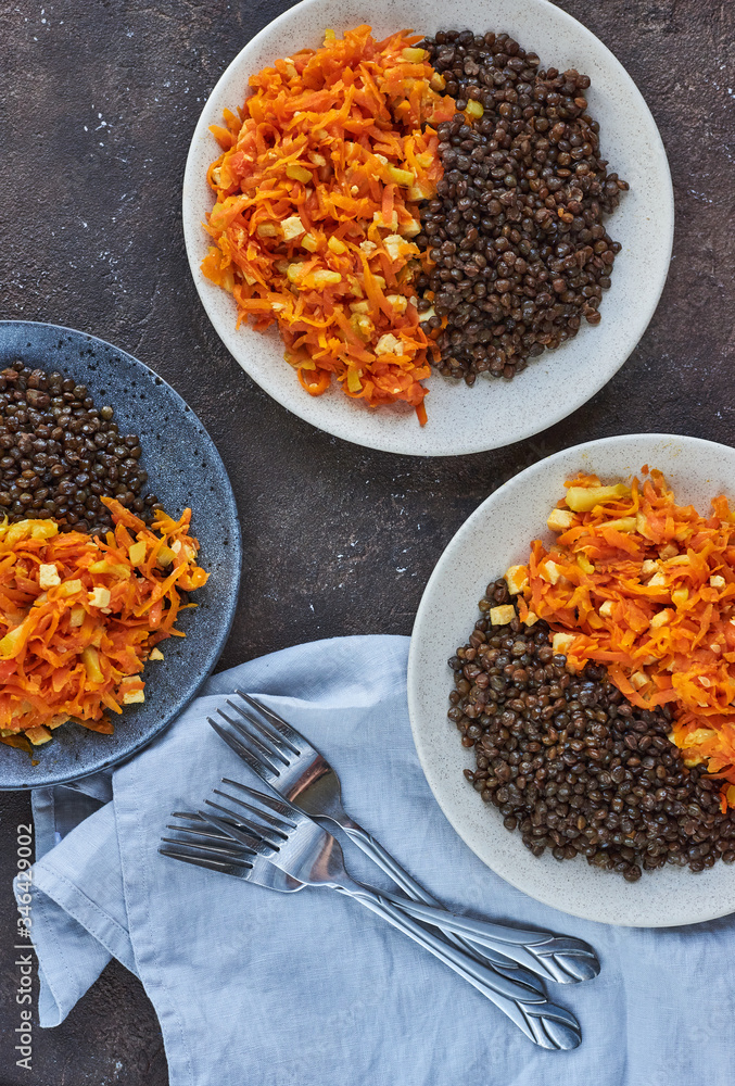 boiled lentils with stewed carrots and tofu vegetarian lunch boiled lentils with stewed carrots and tofu vegetarian lunch