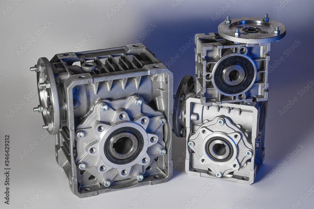 Fototapeta premium Worm motor, electric motors, induction motor and equipment for bottling lines, industrial equipment for factories. Food industry