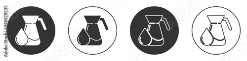Black Jug glass with water icon isolated on white background. Kettle for water. Glass decanter with drinking water. Circle button. Vector Illustration