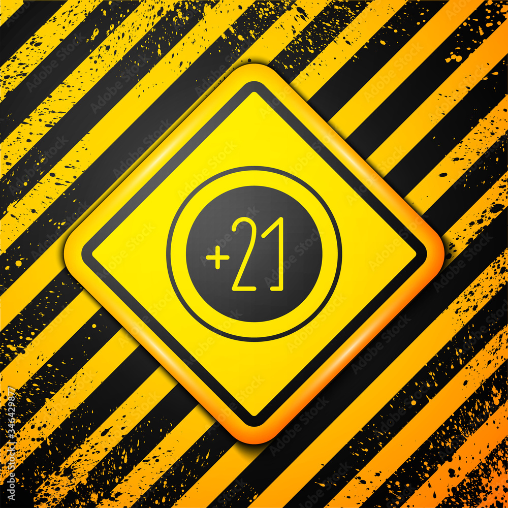 Black Alcohol 21 plus icon isolated on yellow background. Prohibiting alcohol beverages. Warning sign. Vector Illustration Black Alcohol 21 plus icon isolated on yellow background. Prohibiting alcohol beverages. Warning sign. Vector Illustration